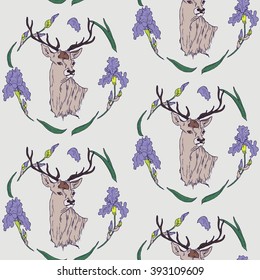 Seamless floral wallpaper with hand drawn deer in circlet of flowers in vector