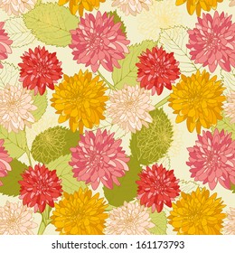 Seamless floral wallpaper with hand-drawn flowers, brightly-colored 