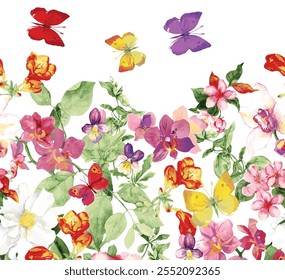 Seamless floral wallpaper. Meadow with wild grass, flowers, herbs. Water color

