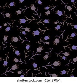 Seamless floral wallpaper in violet and brown colors. Hand-drawn wildflowers on a black background. Seamless pattern can be used for web page background, surface textures and fabrics.