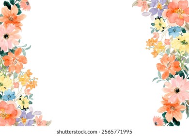 Seamless floral watercolor border. Hand drawn illustration isolated on white background.
