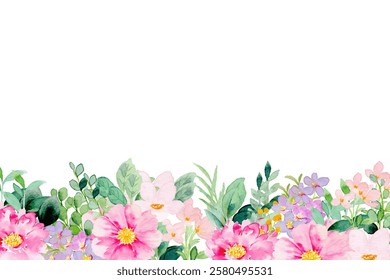 Seamless floral watercolor border. Hand drawn illustration isolated on white background.