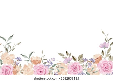 Seamless floral watercolor border. Hand drawn illustration isolated on white background.