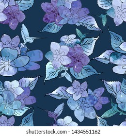 Seamless floral watercolor design pattern. Blue , purple hydrangea background.Beautiful spring wedding print. Floral motifs in watercolor style.