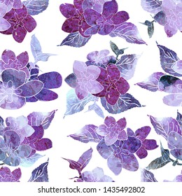 Seamless floral watercolor design pattern. Blue , purple hydrangea on white background.Beautiful spring wedding print. Floral motifs in watercolor style.