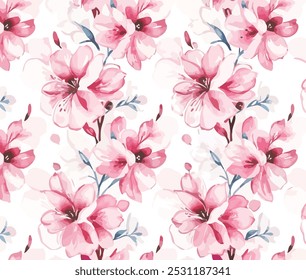 A seamless floral watercolor pattern featuring pink blossoms with subtle white and blue accents on a light background. Perfect for fabrics, wallpapers, and stationery designs