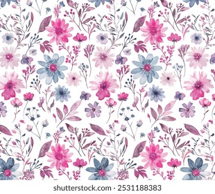 Un patrón de acuarela floral sin fisuras, con flores rosadas con sutiles acentos blancos y azules y púrpuras sobre un fondo claro. Perfecto para diseños de tela, Fondo de pantalla y papelería