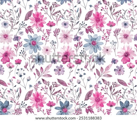A seamless floral watercolor pattern, featuring pink flowers with subtle white and blue and purple accents on a light background. Perfect for fabric, wallpaper and stationery designs