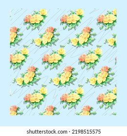 Seamless floral watercolor pattern of yellow and pink rose bouquets. Design for backgrounds, textiles, fabric, Romantic postcards, for wedding invitations. Hand-drawn painting. 