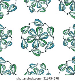 Seamless floral wealth pattern in fresh mint colors. Doodle leaves and flowers. Vector Illustration 