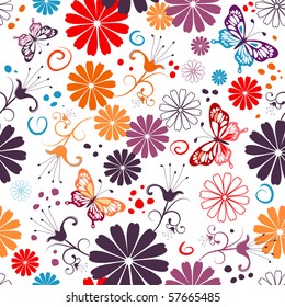 Seamless floral white pattern with flowers and butterflies (vector)