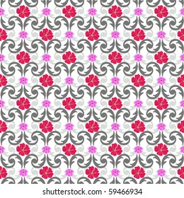 Seamless floral white pattern with red and pink flowers (vector)