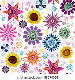 Seamless floral white pattern with vivid flowers (vector)