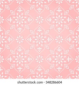 Seamless floral white texture on pink.  Element for design. Ornamental backdrop. Pattern fill. Ornate floral decor for wallpaper. Traditional decor on pink background.