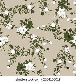seamless floral white vector small flowers with green leaves pattern on cream background