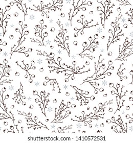 Seamless floral and winter pattern. Merry christmas and happy new year pattern with hand drawn snowflakes, berries and twigs. For wrapping paper, fabric, cover.