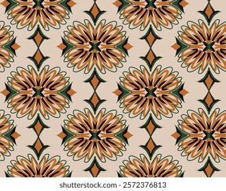 Seamless floral-inspired pattern in earthy tones with symmetrical geometric accents, ideal for vintage-style designs, textiles, and wallpapers.