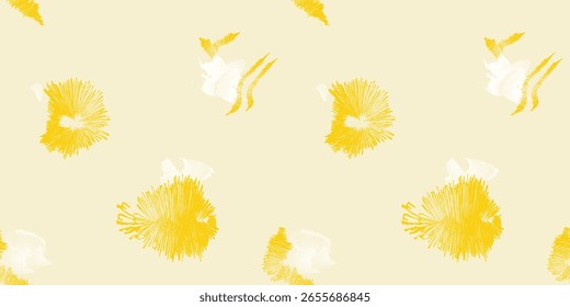 A seamless floral-inspired pattern with hand-drawn yellow bursts and subtle brushstroke textures on a soft cream background. Elegant and abstract, ideal for fabric, wallpaper, or packaging design.