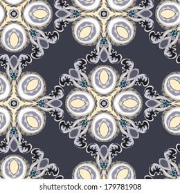 Seamless flourish background. Dark blue and pastel yellow colors. Square rhythm.