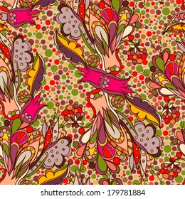 Seamless flourish background. Vivid red, green and yellow colors.