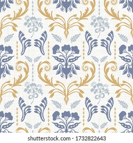 Seamless flourish pattern in french blue linen shabby chic style. Hand drawn floral damask texture. Old white blue background. Farmhouse style wallpaper home decor swatch. Flower motif all over print