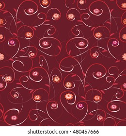 Seamless flower abstract pattern with leaves and branches on a red background. Vector illustration