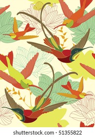 Seamless flower background with birds. Easy to edit vector image. Ready to use as swatch.