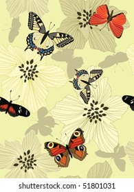 Seamless flower background with butterflies. Ready to use as swatch.