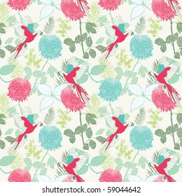 Seamless flower background with parrots