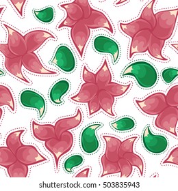 Seamless flower background. Separate flowers painted from leaves shades of red colors and green leaves with dashed lines on white background. Vector illustration.