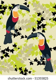 Seamless flower background with toucans. Easy to edit vector image. Ready to use as swatch.