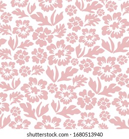 Seamless flower background in vector graphics. Pink color of the ornament on a white background. Simple minimalistic drawing of colors of different sizes, fabric, Wallpaper
