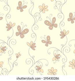 Seamless flower background with vintage hand  draw flowers, curls and butterflies 2
