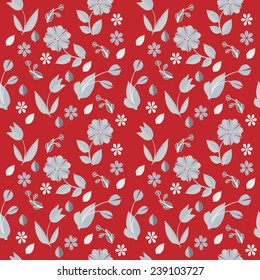 Seamless flower background.Seamless drawing from flowers and leaves on a red background. 