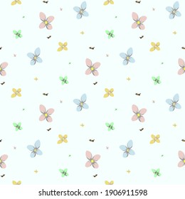 Seamless flower and bee pattern. Colorful flowers with cute bee. Vector illustration.