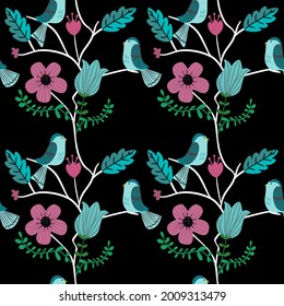 Seamless flower, birds pattern drawing. Floral vector colorful decoration for design elements, textile, background. Cartoon art botanical in repeat graphic vector. Illustration ornament for fabric.