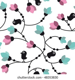 Seamless flower birds pattern in vector