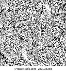 Seamless flower black and white background, hand drawn doodle pattern in vector
