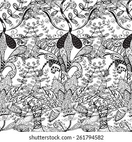 Seamless flower black and white background, hand drawn doodle pattern in vector