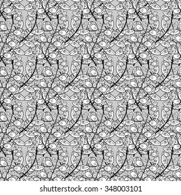 Seamless flower black and white background, hand drawn doodle pattern in vector