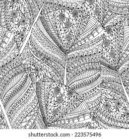 Seamless flower black and white retro background, hand drawn doodle pattern in vector
