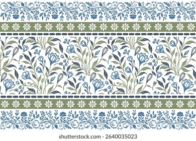 Seamless flower border design in line art. One line botanical pattern used in fabric printing and stylish textile layouts.

