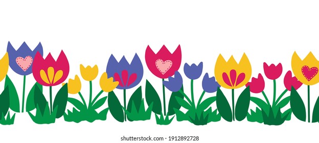 Seamless Flower Border Isolated On White Background. Hand Drawn Floral Vector Illustration Child Like Tulips Colorful Repeating Pattern For Spring, Easter, Card Decor, Fabric Trim, Footer, Ribbons