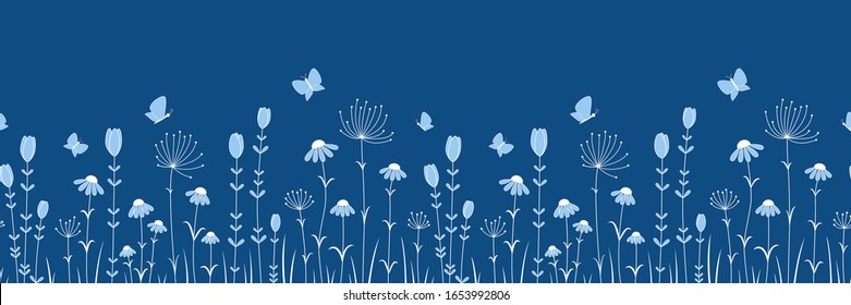 Seamless flower border. Monochrome stripe  of various abstract flowers, herbs and butterflies on a blue background. Floral horizontal banner. Vector illustration.