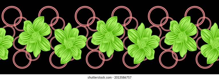 Seamless flower border pattern with circle and black background
