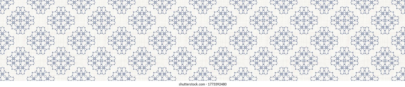 Seamless flower border pattern in french blue linen shabby chic style. Hand drawn floral damask texture. Old white blue background. Interior home decor edge bordure. Ornate flourish motif ribbon trim.
