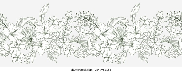 Seamless Flower Border with Tropical Plants and Flowers. Seamless Horizontal  Floral Background. Line Art Drawing. Minimalist Flower Design. Flower garland seamless. Border Frame
