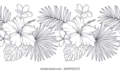 Borda de flor sem costura com plantas tropicais e flores. Plano de fundo floral horizontal e uniforme. Desenho De Arte De Linha. Design minimalista de flores. Grânulos de flores sem costura. Quadro de Borda