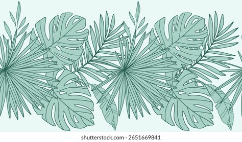 Frontera de flores sin fisuras con plantas tropicales y flores. Fondo floral Horizontal sin fisuras. Dibujo de arte de línea. Diseño de flores minimalista. Guirnalda de flores sin costuras. Marco de borde