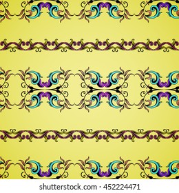 Seamless flower borders. Yellow background. Vintage oriental style